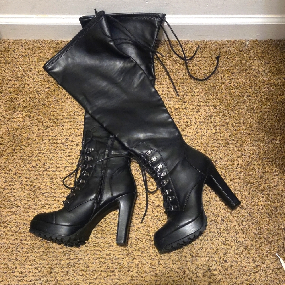 Black Lace-Up Knee-High Boots